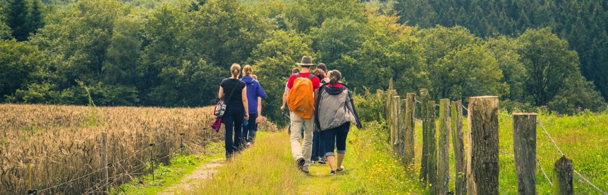 Groep reisgenoten wandelt samen over een landelijk pad met uitzicht op de groene heuvels van de Ardennen.