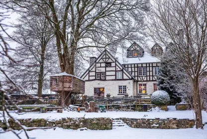 Besneeuwde accommodatie in het bos in de Ardennen.