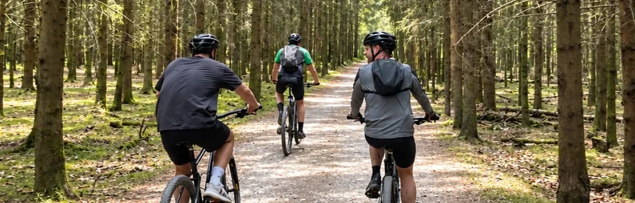 Reisgenoten op de mountainbike door het bos in de Ardennen.