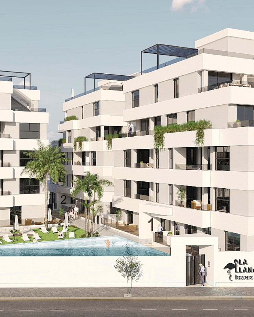 Moderne accomodatie Ilana Towers met buiten zwembad en ligbedden.