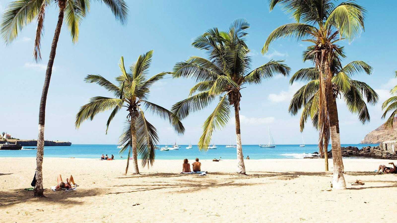 Tropisch zandstrand met palmbomen en zeilboten op het helderblauwe water.