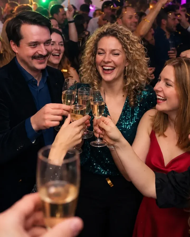 Reisgenoten proosten met champagne tijdens een feest.
