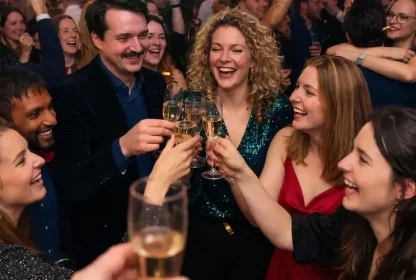 Reisgenoten proosten met champagne tijdens een feest.