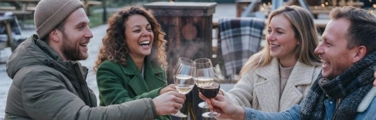 Reisgenoten proosten met elkaar buiten op het terras in de winter.