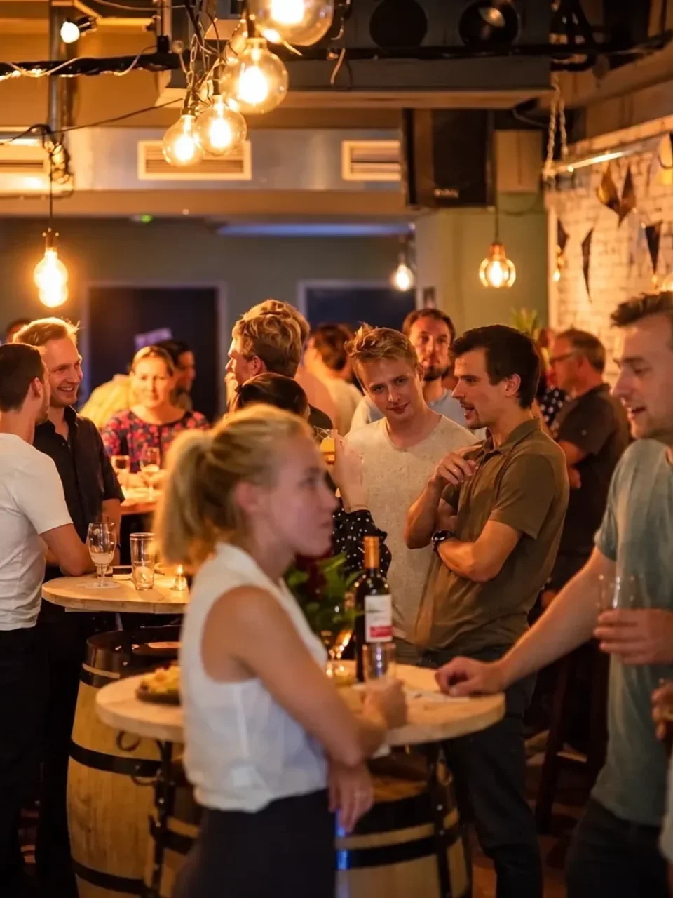 Reisgenoten kletsen met elkaar tijdens een borrel.