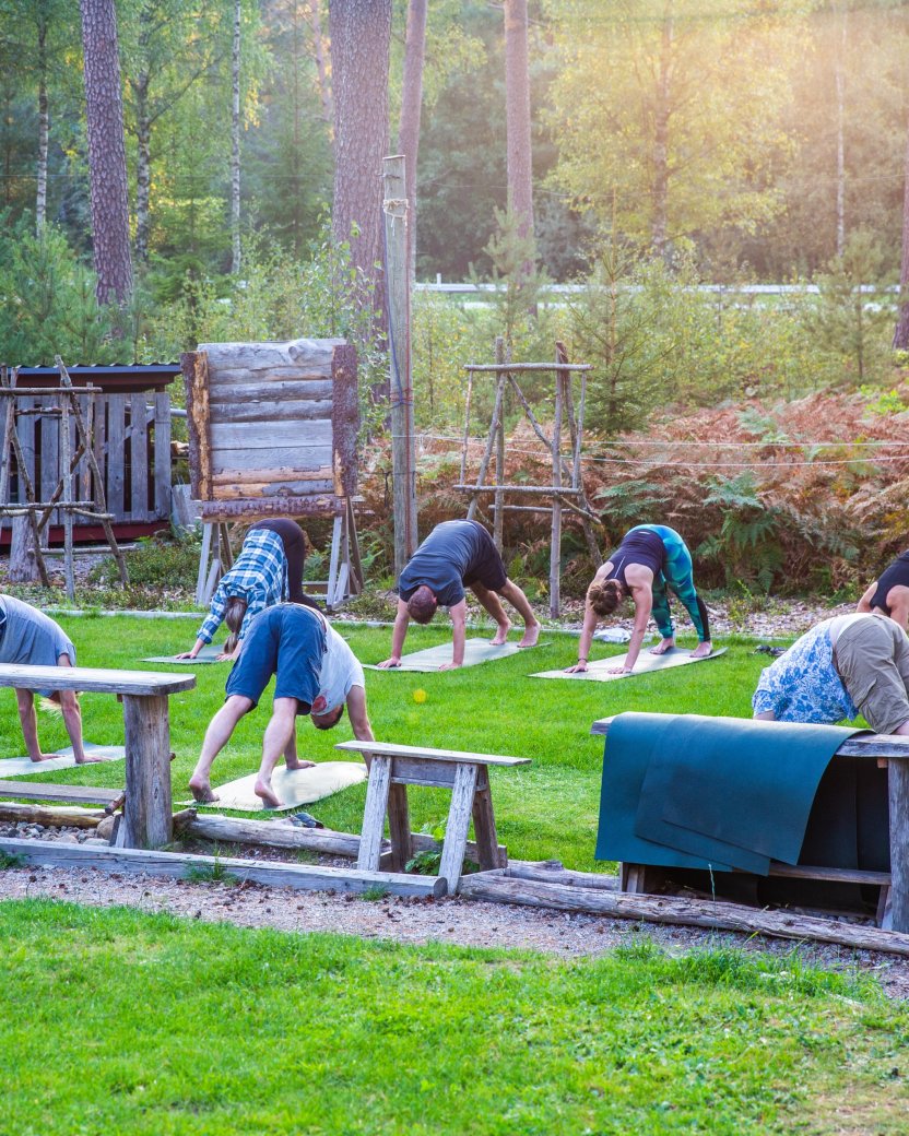 Groep reisgenoten doet samen yoga tussen het groen.