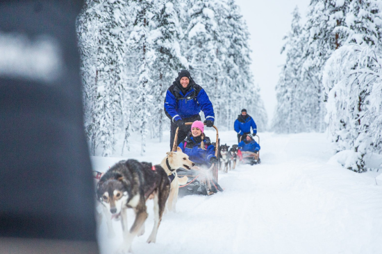Reisgenoten op husky-safari in het besneeuwde landschap.