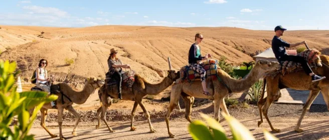 Reisgenoten reizen rond op kamelen door het woestijn landschap.