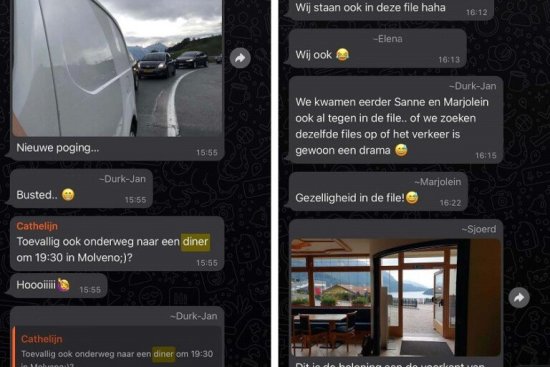 Whatsappgesprekken tussen reisgenoten die elkaar op de hoogte houden tijdens het filerijden.