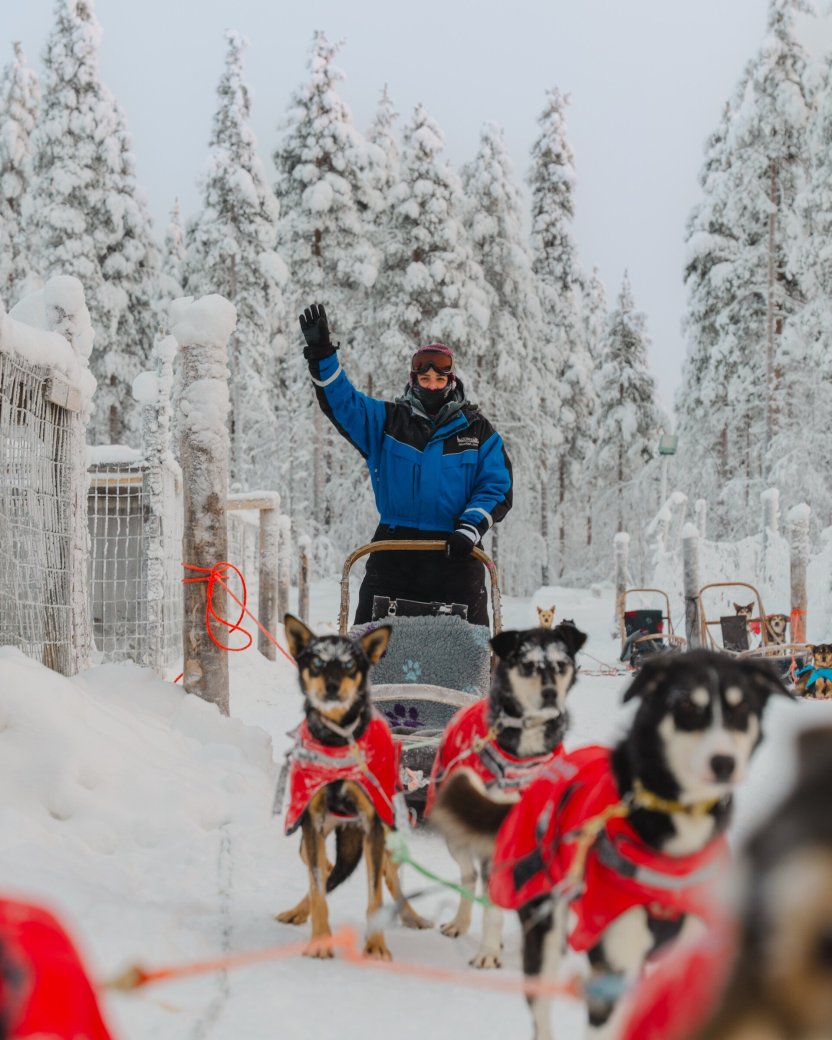 Reisgenoot op de slee bij de husky-safari.