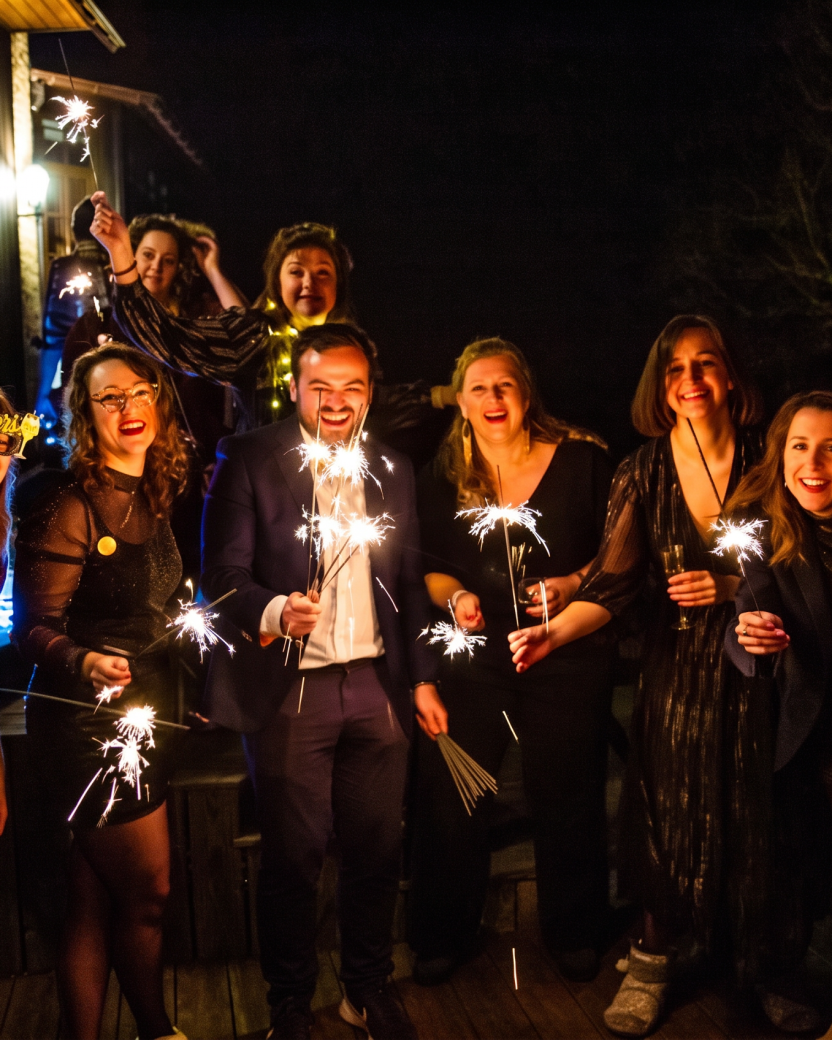 Reisgenoten met sterretjes vuurwerk tijdens oud en nieuw.